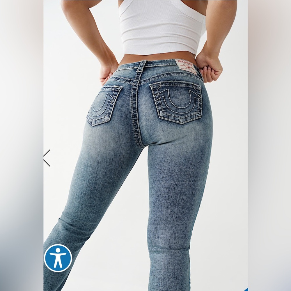 True Religion Vintage Mid Rise Flare Distressed Denim Jeans Stitching